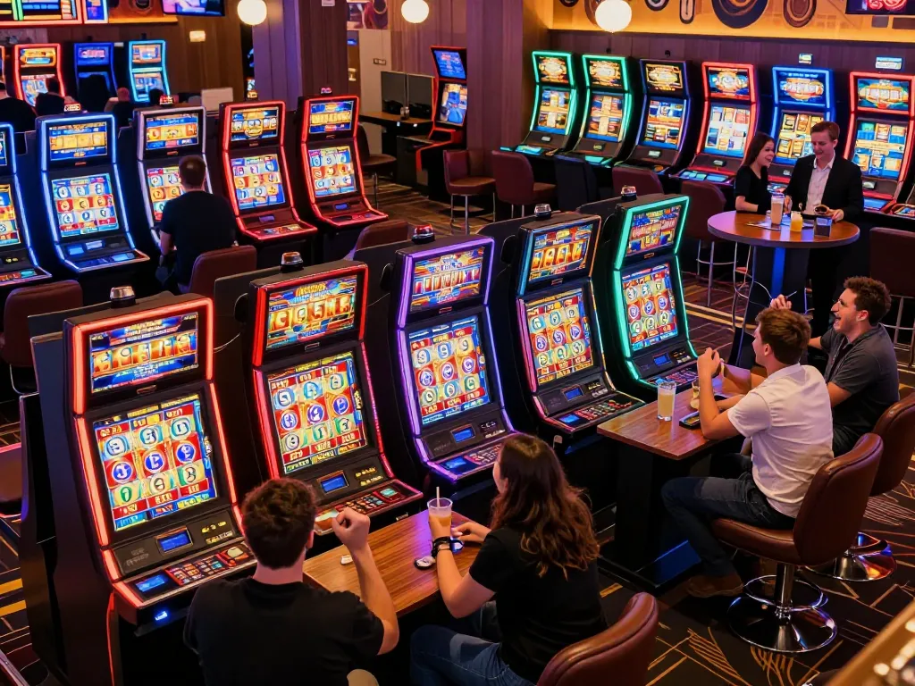 Engaged players celebrate a win on IDC88JOKER slot machines, showcasing excitement and delight in a vibrant casino atmosphere.