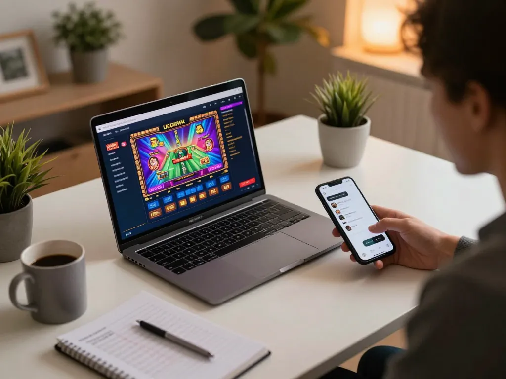 Player engaged on UGDEWA online slot site from home office, showcasing strategic gameplay included