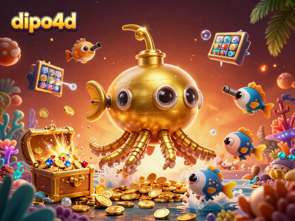 Engage with dipo4d's lively casino-themed illustration featuring a golden kraken and rich slot game elements.