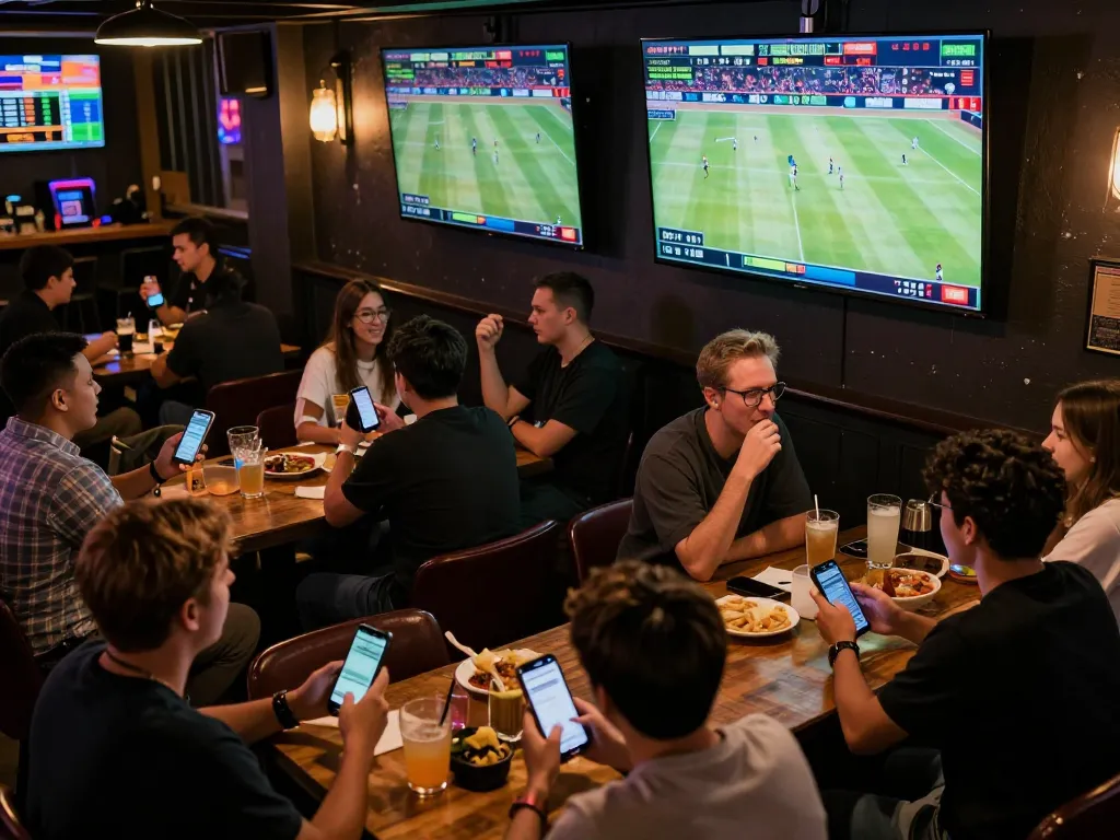 Engaged gamblers tracking live sports updates at nhà cái xoso66, capturing the thrill of betting.