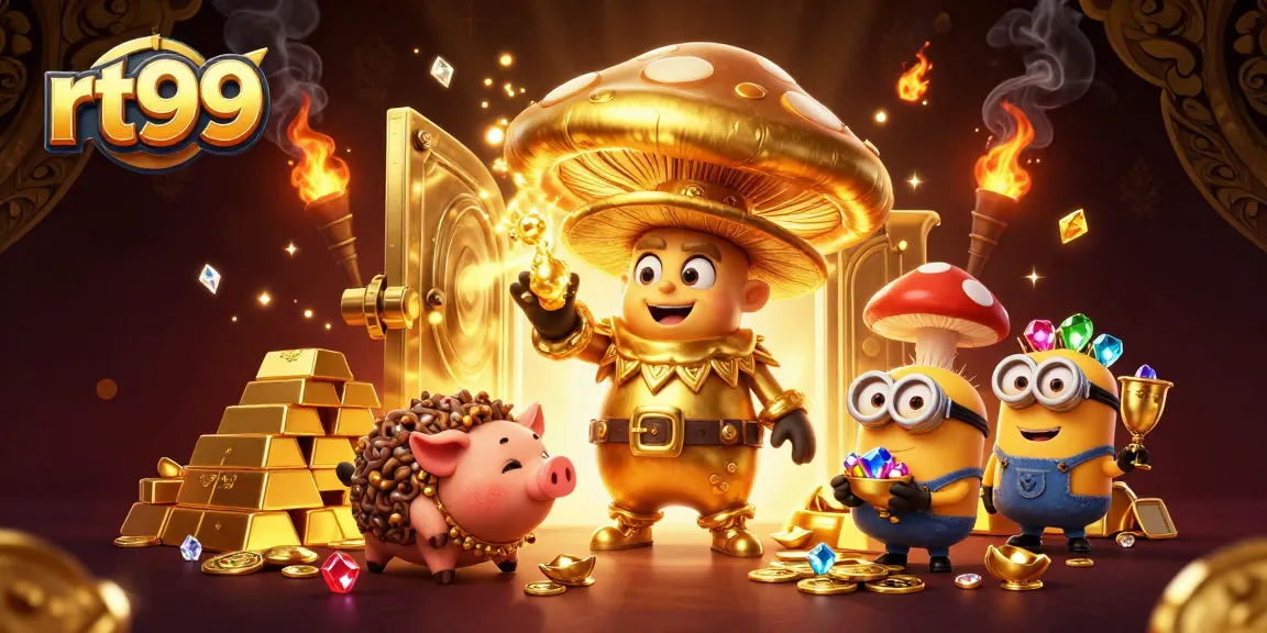 Win big at rt99 with magical treasures and a golden wizard amidst a vibrant casino scene.