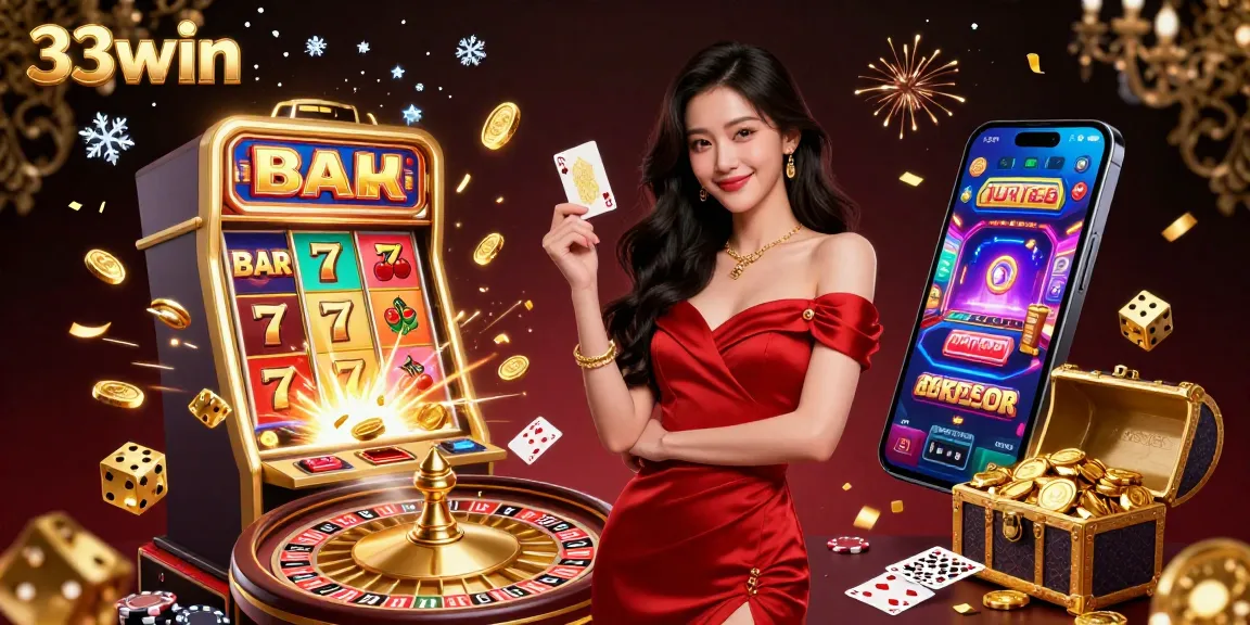 Experience the thrill of 33win with stunning gameplay illustrated alongside a beautiful dealer and vibrant casino elements.