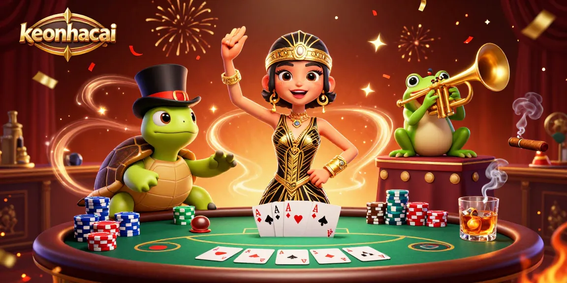 Engage with keonhacai's vibrant casino scene featuring a turtle in a top hat and a trumpet-playing frog.