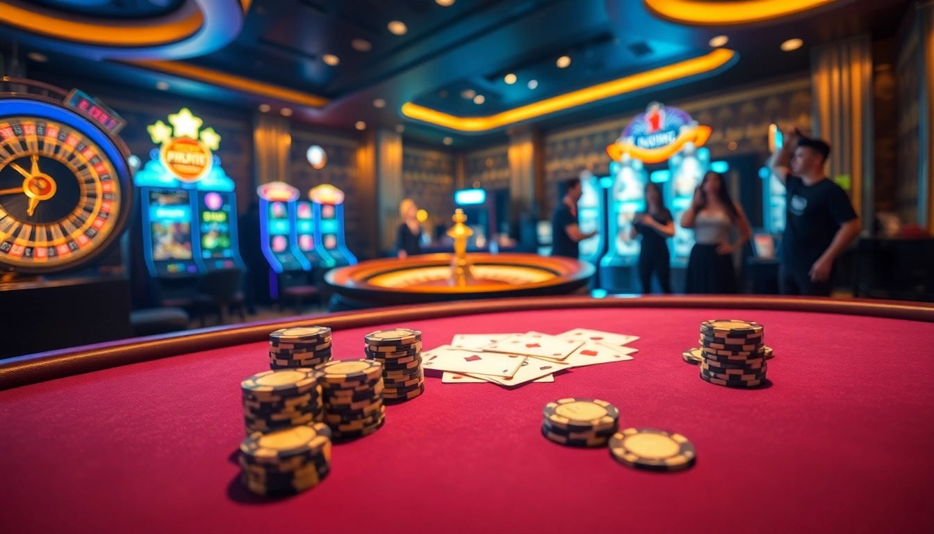 Players enjoying a thrilling session at 78Win casino with poker and slot machines in a luxurious setting.