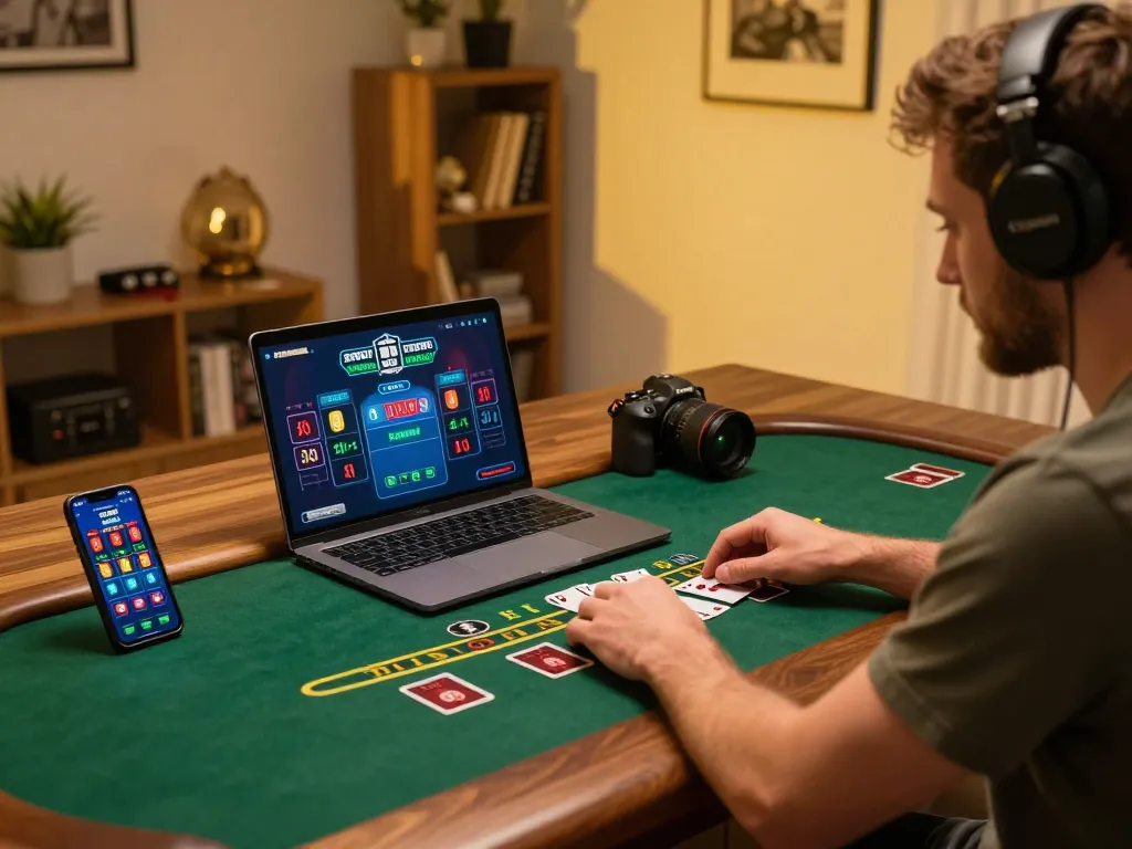 Player engaging with LGOLUX online casino via laptop, with chips and drinks in a cozy setting.