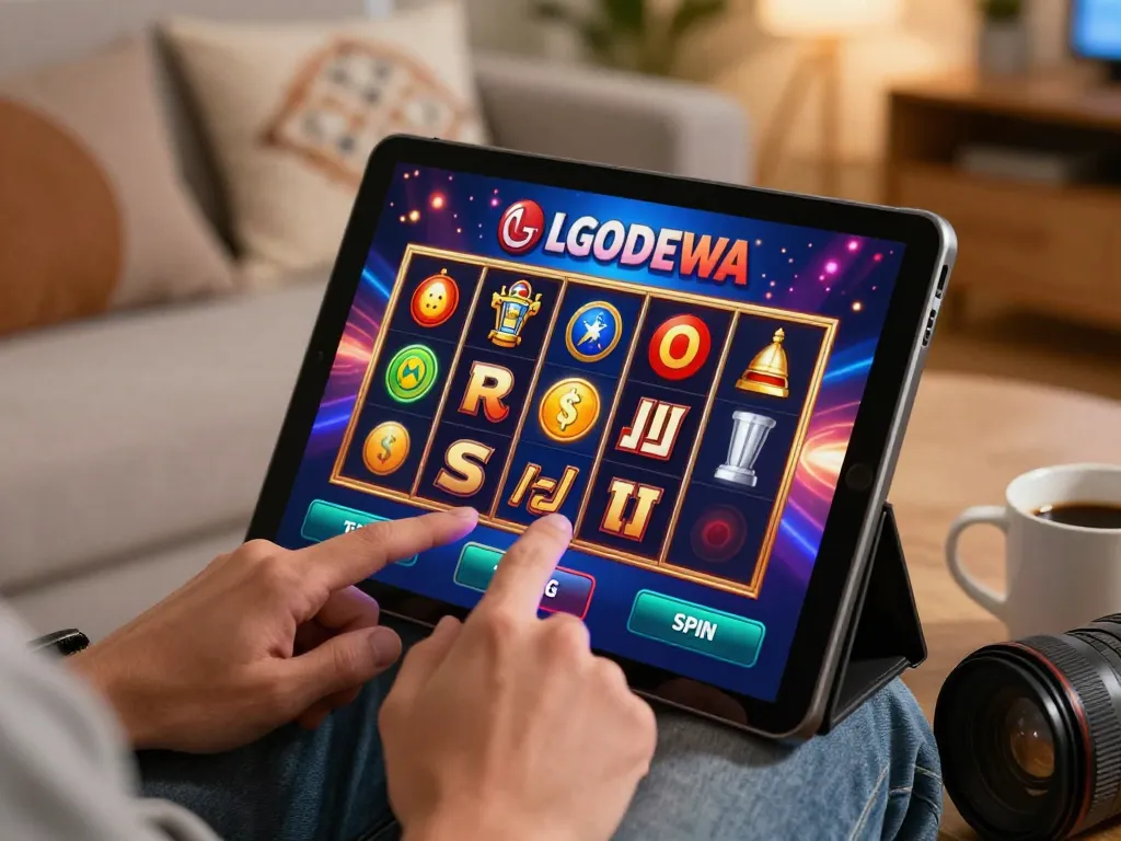 Player experiencing LGODEWA online demo slot game on tablet, showcasing excitement in a cozy home setting.