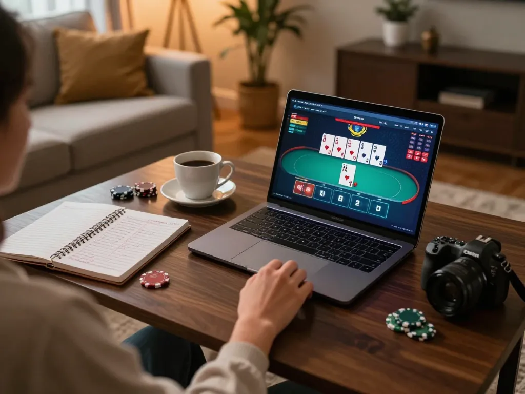 SX88 player engaged in online poker game at a cozy home setup, showcasing responsible gaming.