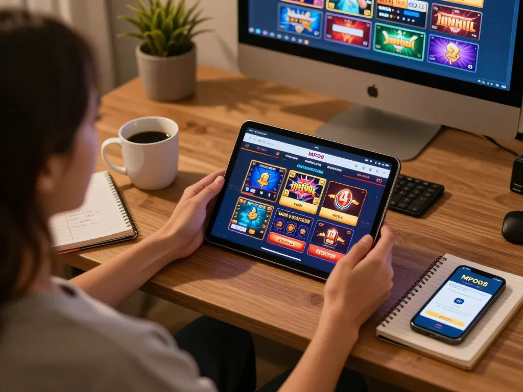 MPO08 user enjoying an online casino game on tablet at home, showcasing strategic betting environment.