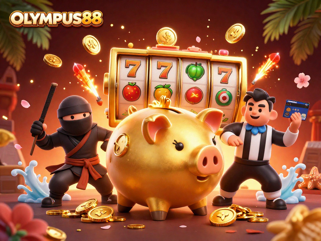 Spin and win at OLYMPUS88 with vibrant scenes of slot games and dynamic characters celebrating jackpots.