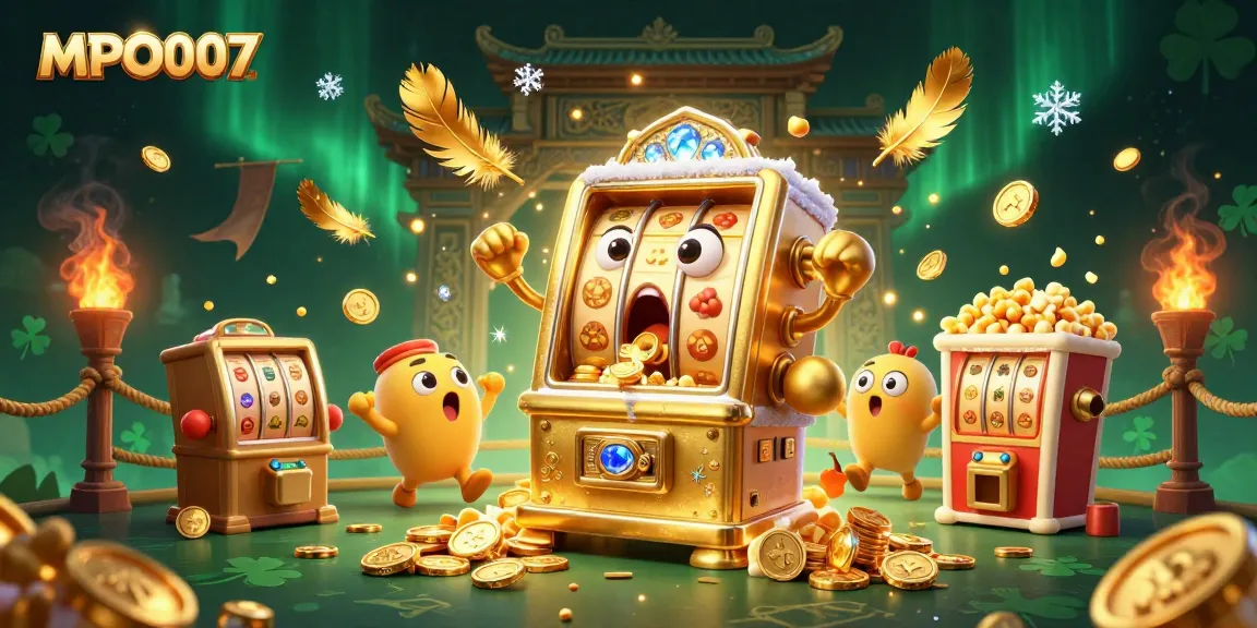 MPO007 highlights a golden slot machine celebrating a jackpot, surrounded by cheering machines and gold coins.