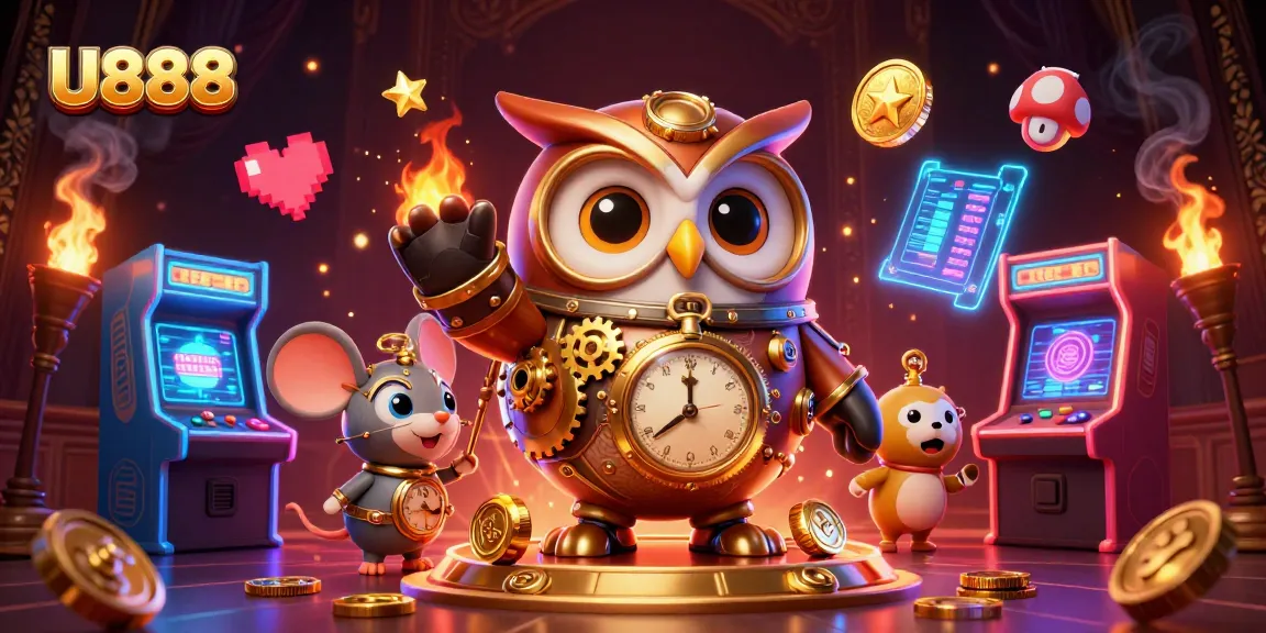 Engaging U888 casino scene featuring a whimsical owl and mouse amidst exciting game machines.