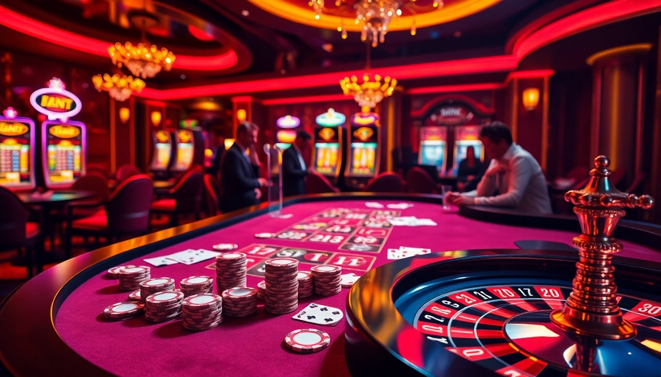 Sparkling casino experience at https://sao789.icu/ showcasing players betting on cards and a roulette wheel.