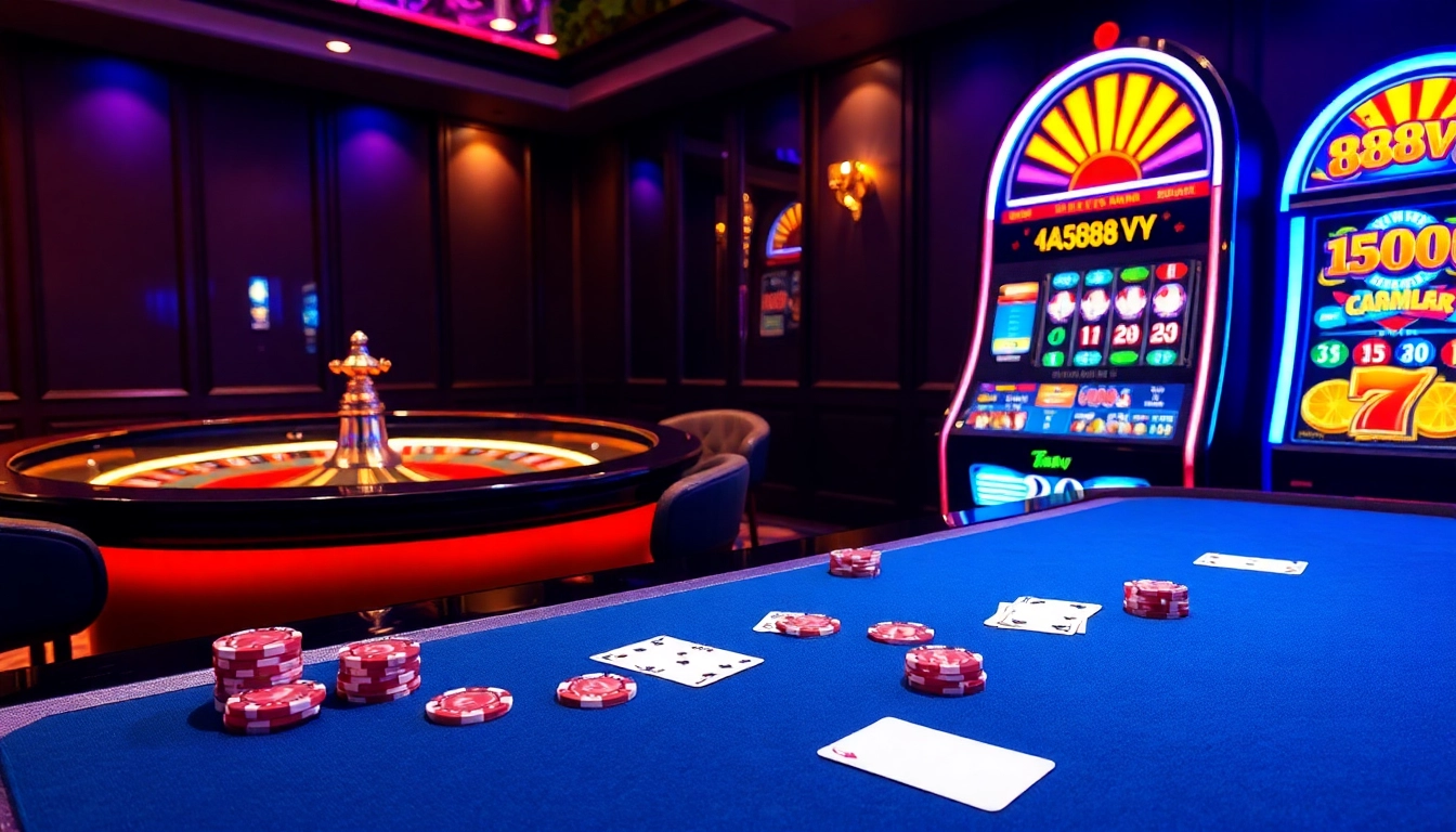 Experience the excitement of 88vv at a luxury casino table with vibrant poker chips.