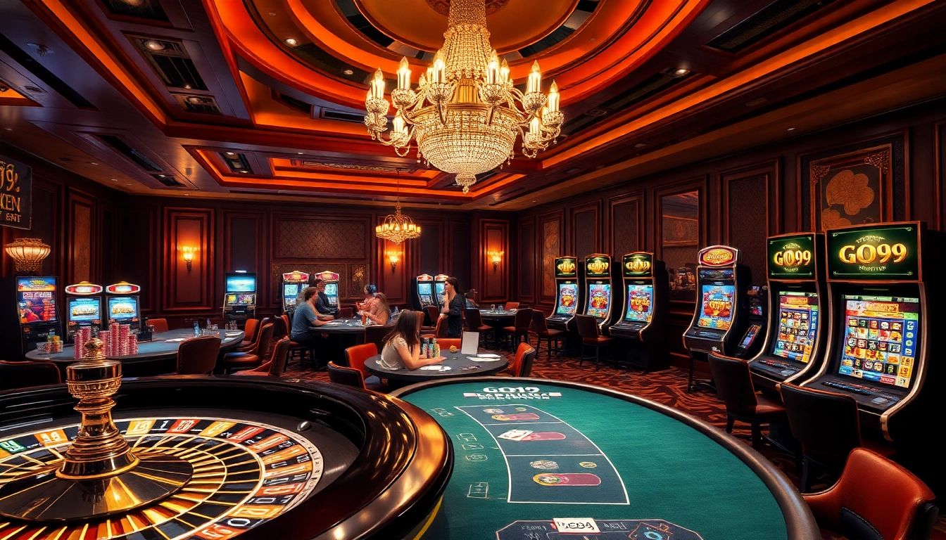 Engaged players savoring the thrills at the GO99 casino floor with vibrant gaming tables.
