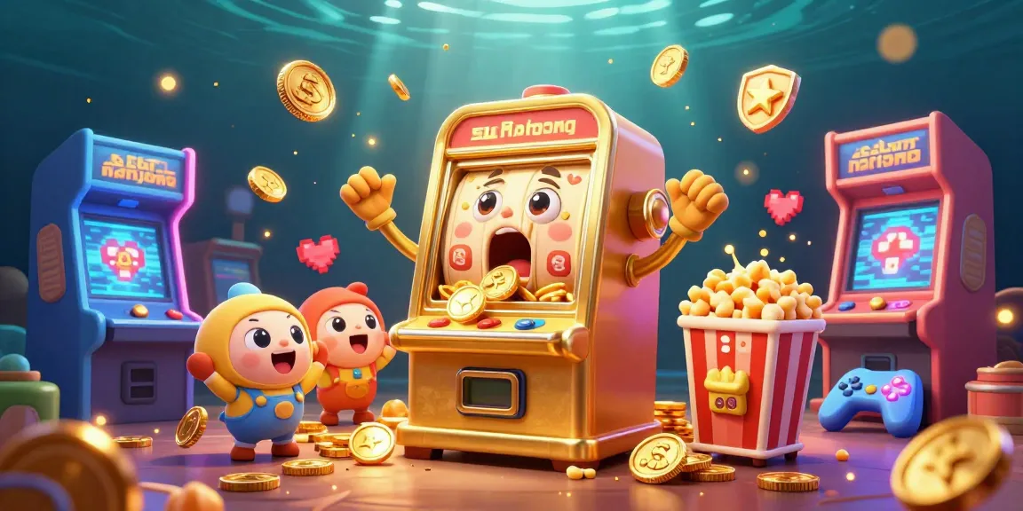 Experience slot mahjong excitement with colorful characters celebrating a jackpot win, surrounded by arcade game visuals.