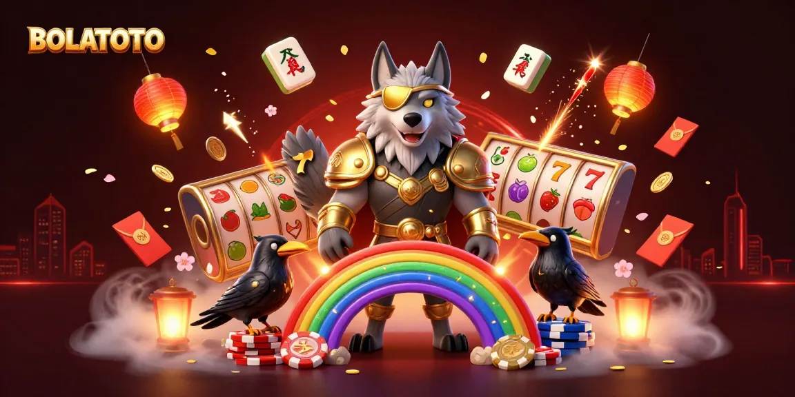 BOLATOTO menghadirkan ilustrasi kasino 3D yang penuh warna, menggambarkan simbol-simbol keberuntungan dan permainan slot.