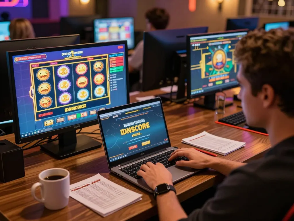 IDNSCORE player engaging with online slots and poker, showcasing competitive gaming atmosphere