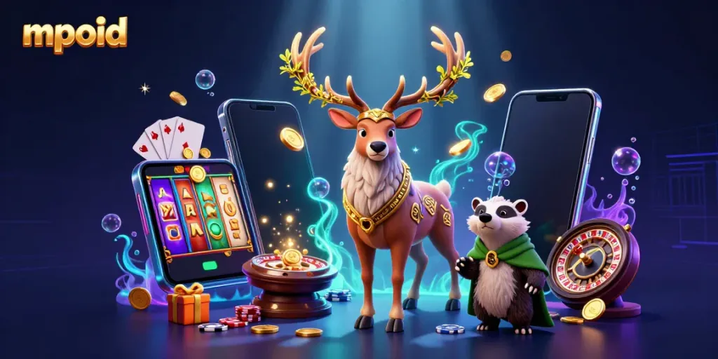 MPOID menampilkan ilustrasi kasino dengan druid dan badger, dikelilingi elemen slot dan poker.