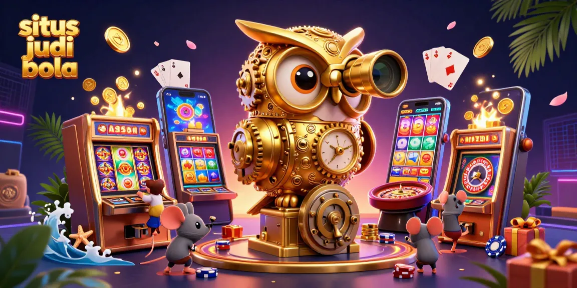 Engage with stunning situs judi bola action featuring a clockwork owl and colorful casino elements in 3D.