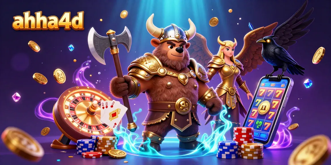 Experience the excitement of ahha4d with vibrant 3D Viking and Valkyrie characters amidst cascading coins and poker elements.