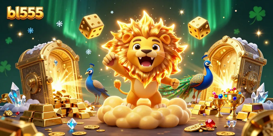 Engage in thrilling adventures with BL555's roaring lion and lavish golden treasures in stunning casino art.