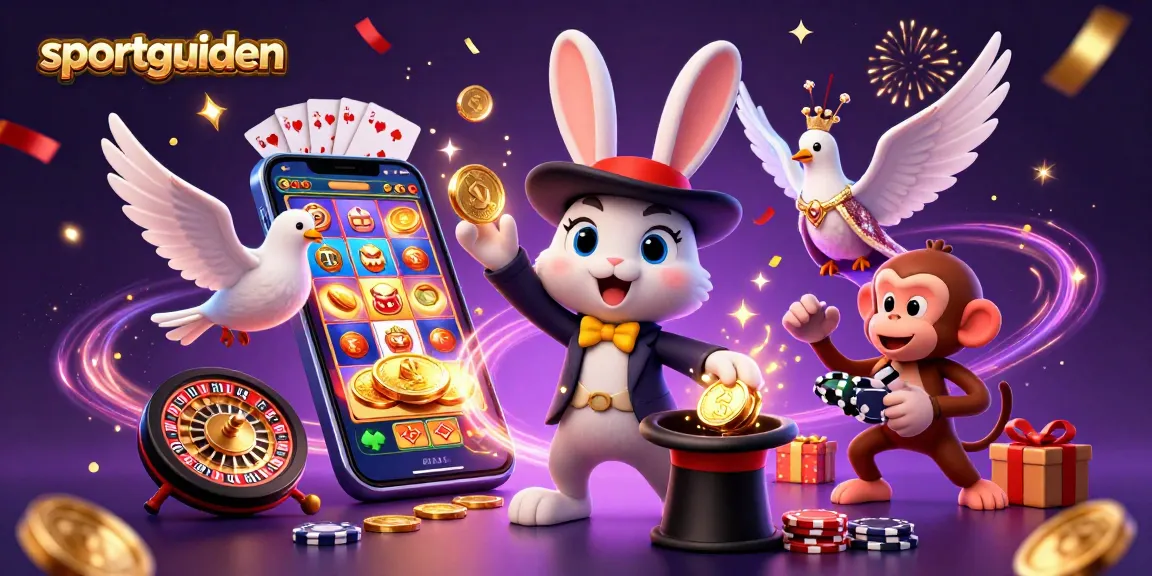 Sportguiden memperlihatkan ilustrasi kasino 3D dengan karakter magis dan koin emas.