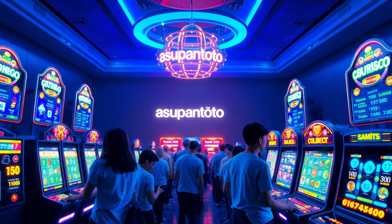 asupantoto online gaming platform featuring vibrant slot machines and futuristic interfaces in an immersive environment.