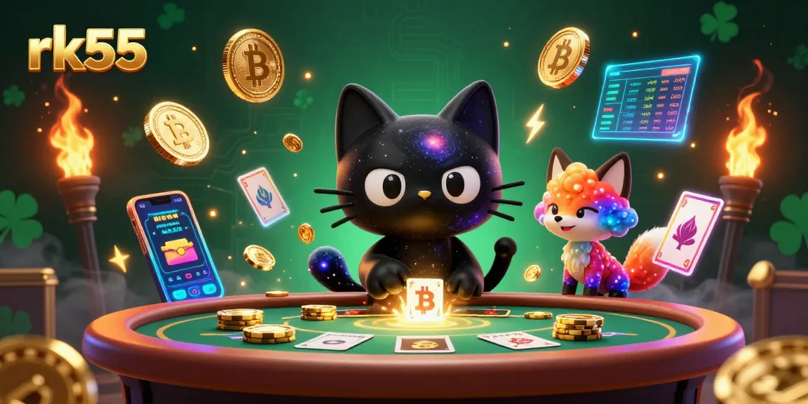 Engage with rk55's thrilling casino atmosphere featuring characters amidst vibrant gaming icons and cosmic elements.