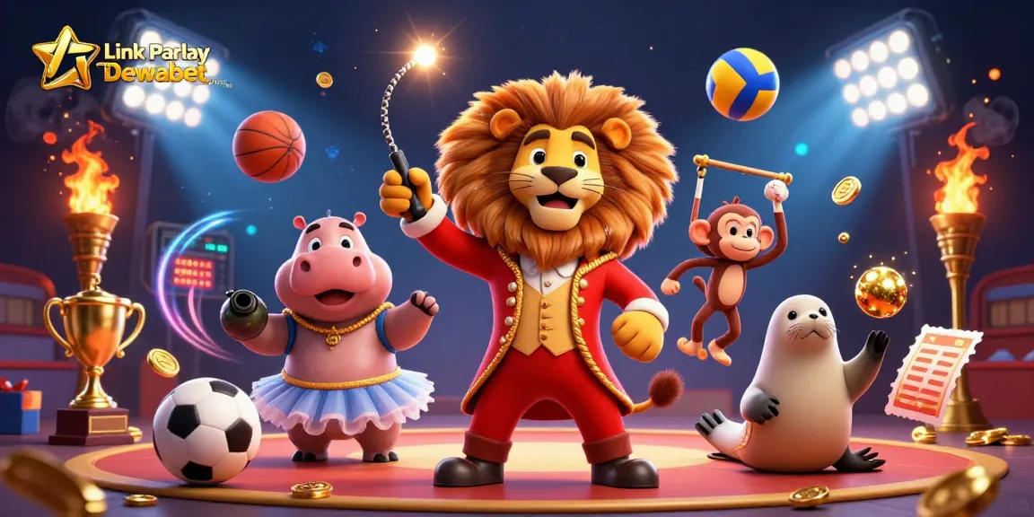 Experience sports betting with Link Parlay Resmi Dewabet showcasing lively characters and dynamic game action.