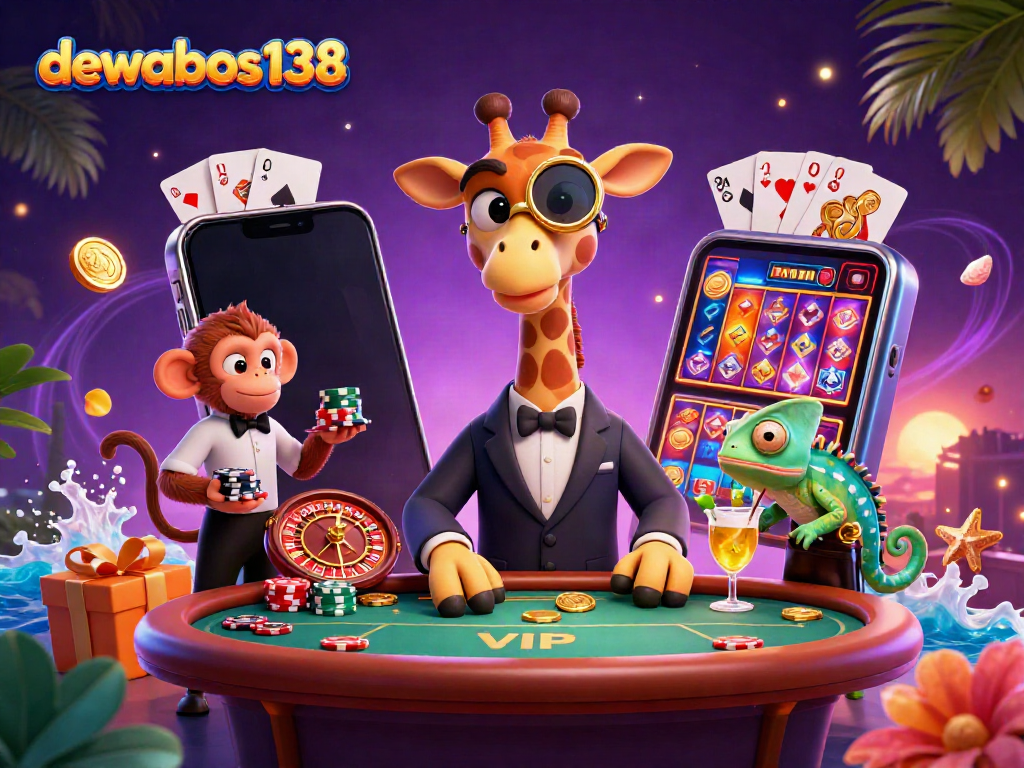 Permainan di dewabos138 dengan jerapah bermain poker dan valet monyet.