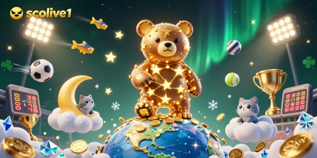 Socolive1 features a constellation bear collecting coins in a dynamic casino-themed scene filled with sports elements.