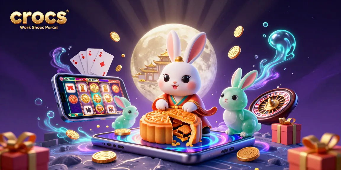 Crocs Work Shoes Portal reveals poker chips from mooncakes in a vibrant casino-inspired scene full of slots and playing cards.