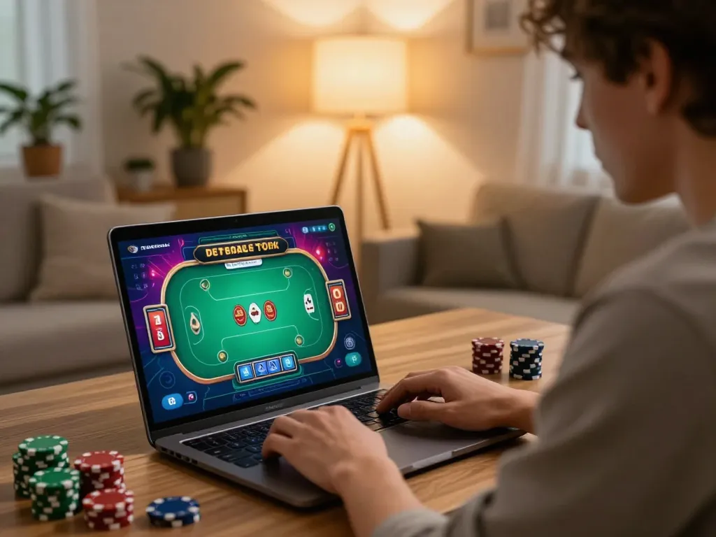 Player enjoys fun79 poker online at home, showcasing vibrant graphics and cozy setup.