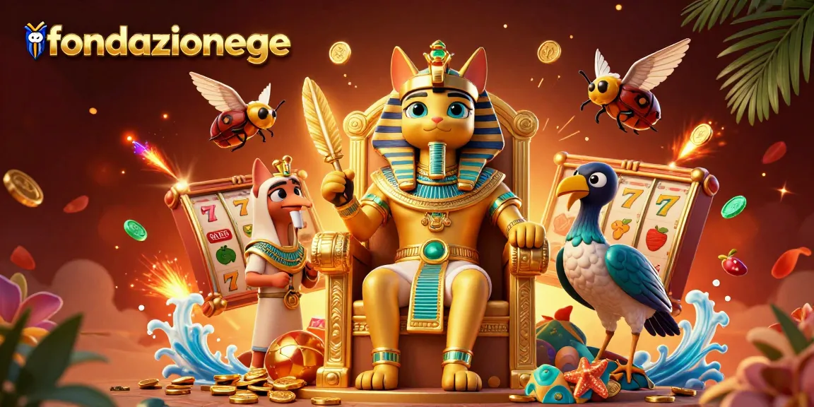 Engage with fondazionege's dynamic casino scene featuring animated slot reels and a pharaoh cat.