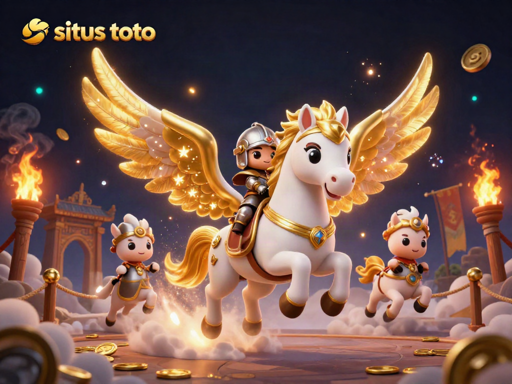 Situs toto dengan kuda putih bercahaya dan ksatria kecil dalam arena judi yang megah.