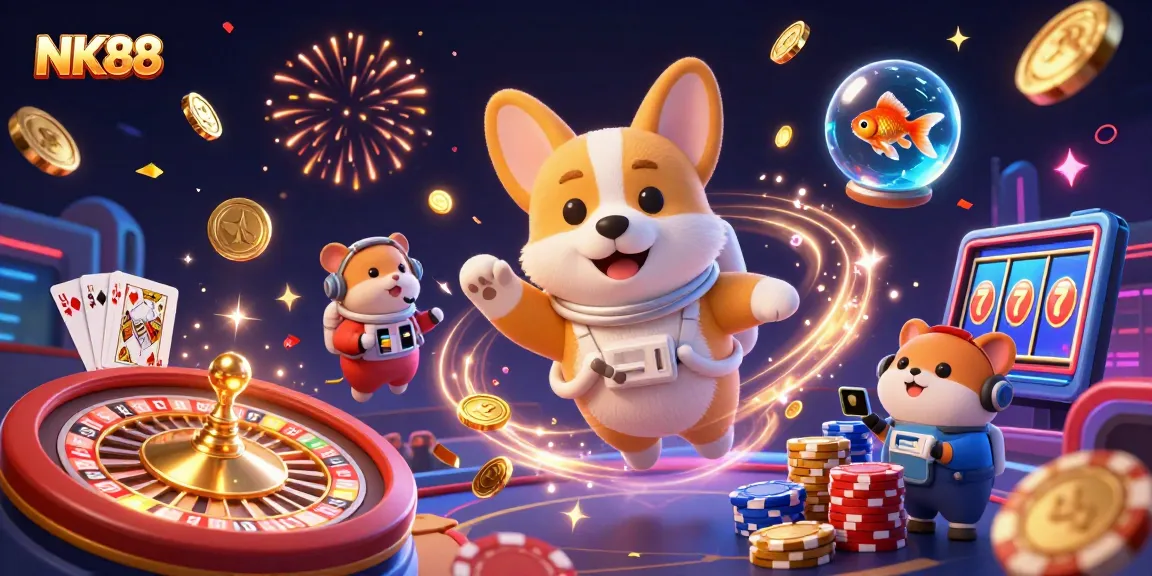 Engage with thrilling NK88 casino games featuring lively characters in an exciting cosmic scene.