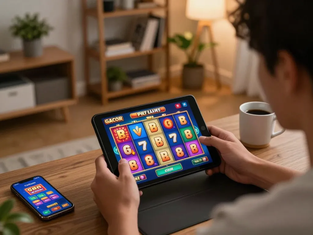 Player engaging with a slot gacor app on a mobile device, colorful graphics enhancing the online gaming experience.