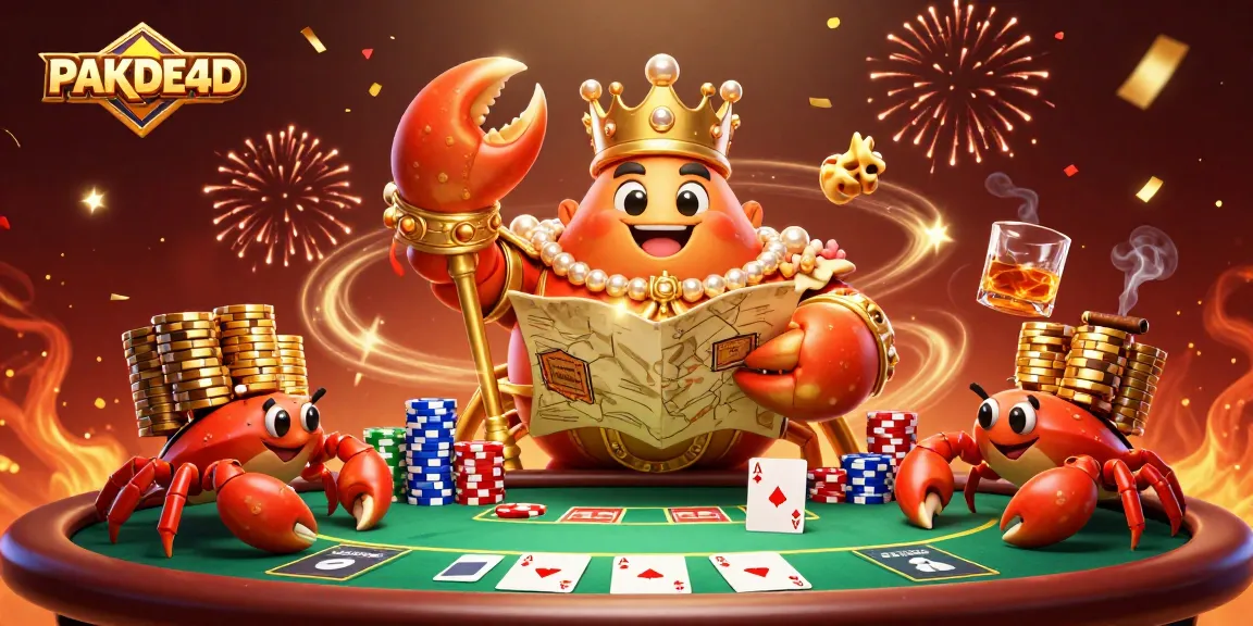Experience PAKDE4D with a 3D crab emperor leading a vibrant casino atmosphere filled with poker elements.
