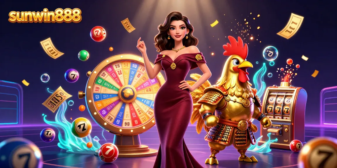 Play vibrant games with sunwin888 featuring a glamorous casino scene filled with lottery excitement.