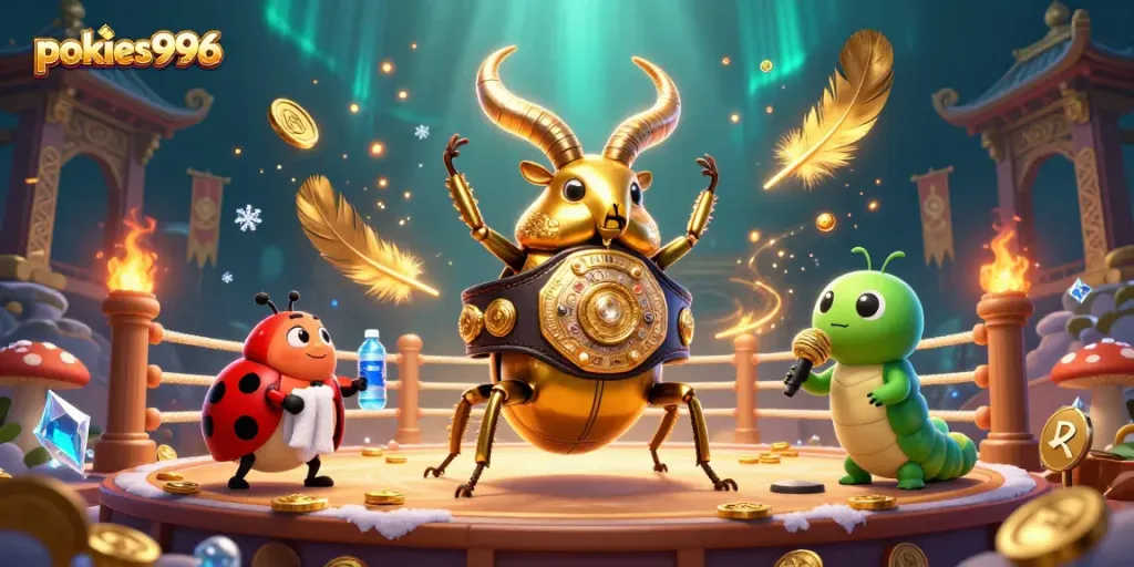 Engage with pokies996: A 3D cartoon beetle boxing champion amid swirling casino elements and vibrant colors.
