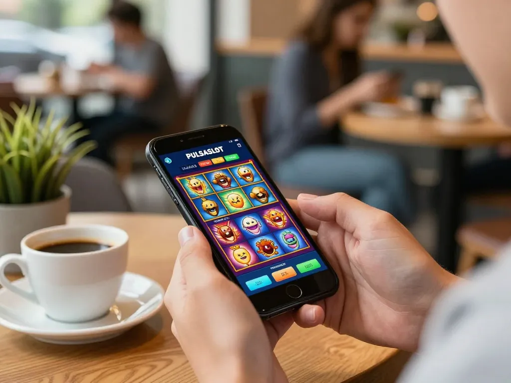 PULSASLOT mobile gaming experience features engaging slot games on smartphone in a cozy coffee shop setting.