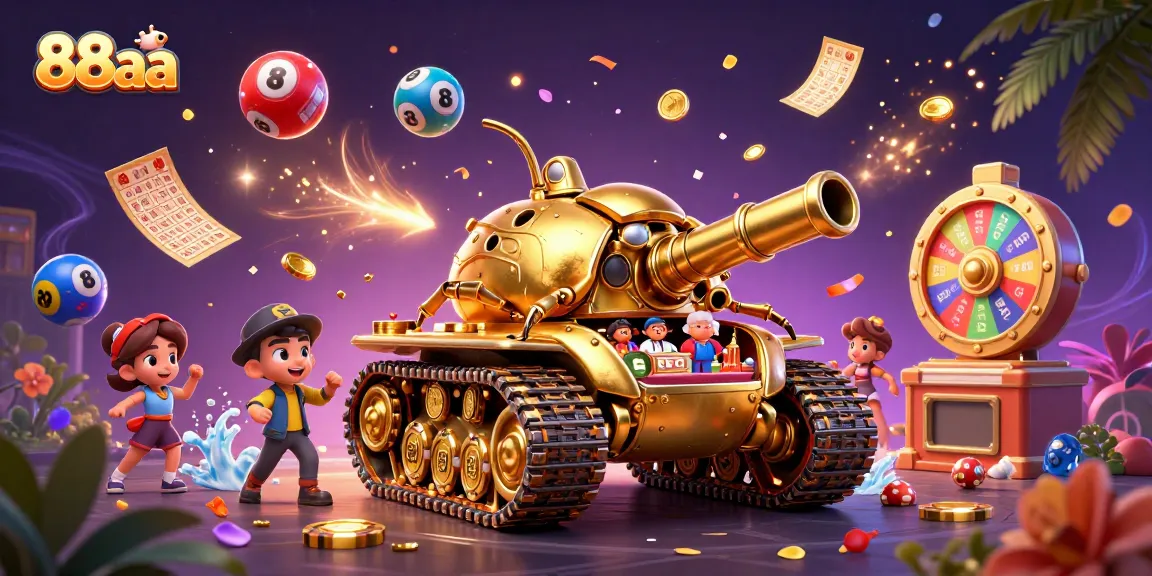 Experience thrilling gaming at 88aa with vibrant casino elements, including confetti, golden tickets, and lively lottery balls.