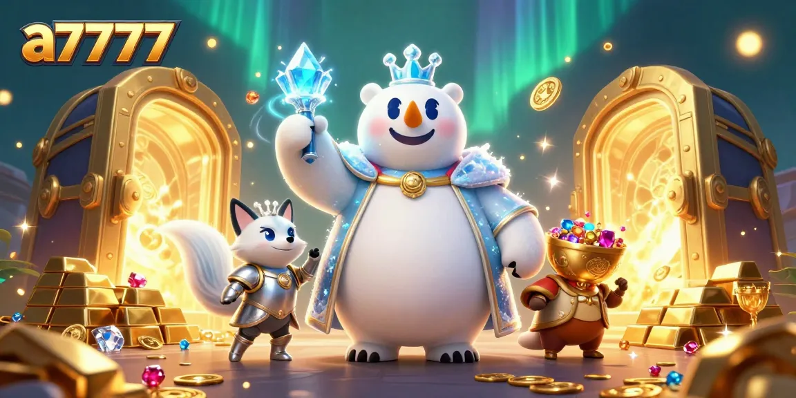 Win big with a7777 featuring a polar bear king and treasures in a 3D casino scene.