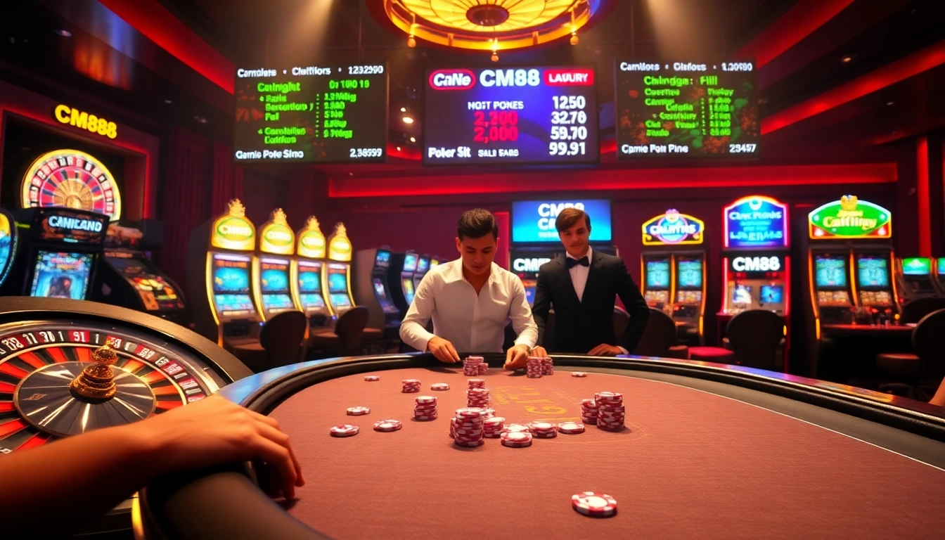Players enjoying an exciting card game at a CM88 casino table filled with chips and high-stakes action.