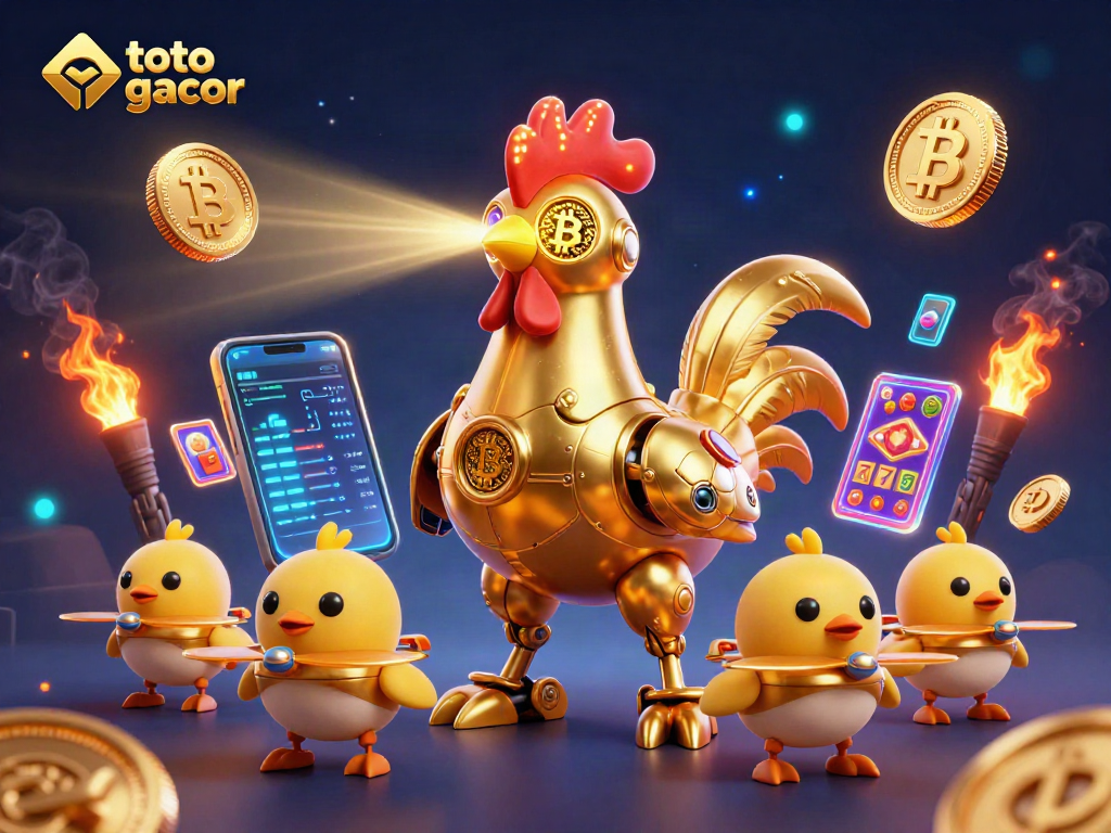 Menangkan hadiah fantastis di toto gacor dengan ilustrasi kasino yang menakjubkan dan karakter robot ayam emas.