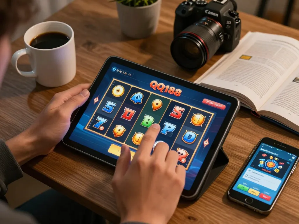 Berinteraksi dengan QQ188 Slot di tablet di ruang tamu yang nyaman, menampilkan permainan yang strategis.