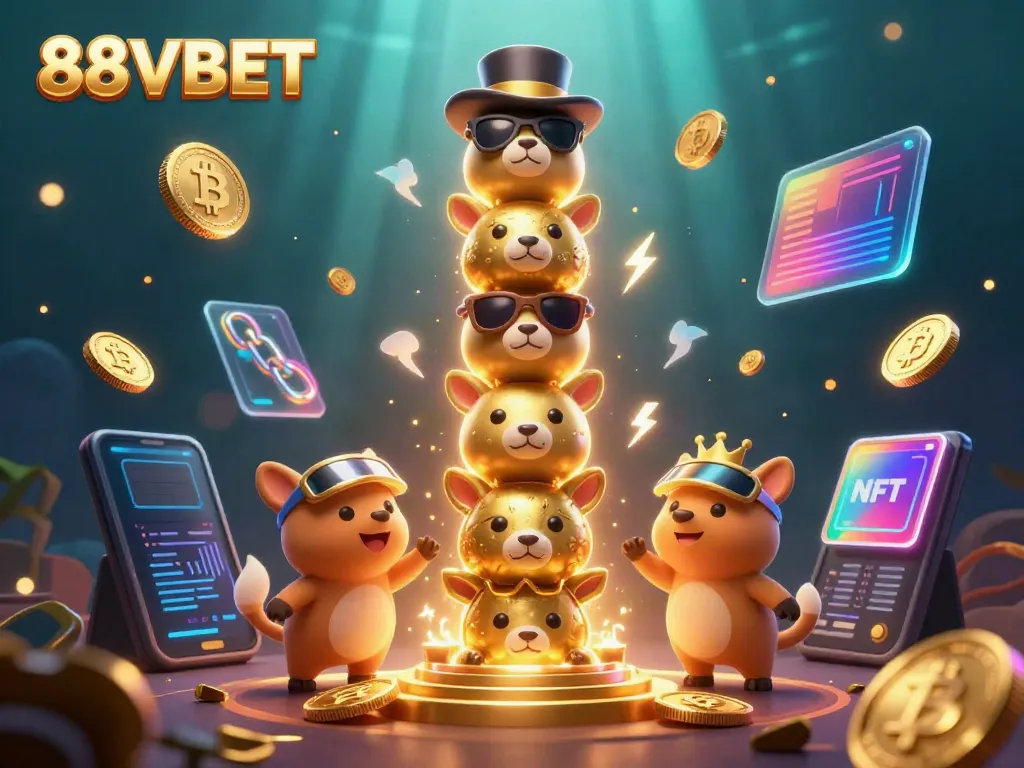 Engage with 88VBET amidst a vibrant 3D casino scene with unique characters and digital elements.