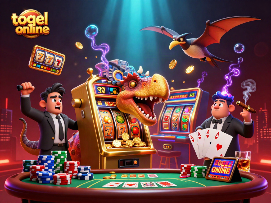 Gali jackpot togel online dengan dinosaur 3D yang berinteraksi dengan mesin slot emas