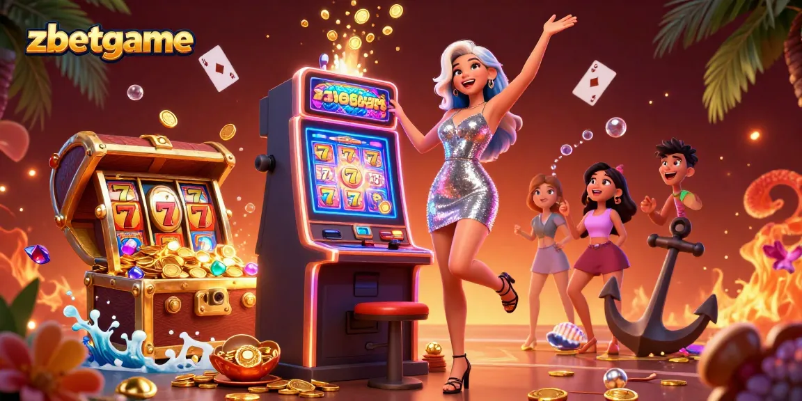 Play and win at zbetgame with a stunning display of slot machines, vibrant casino elements, and celebration.