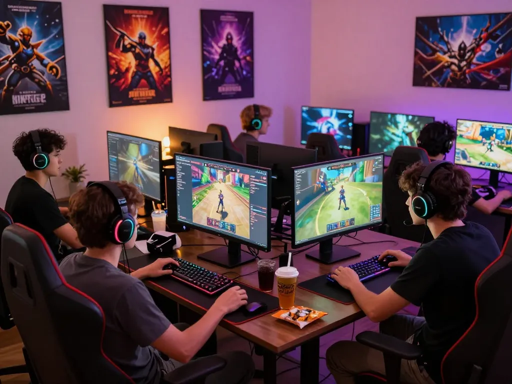 Exciting gaming community at home with players engaged using https://f168.today/ high-quality gear and colorful screens.